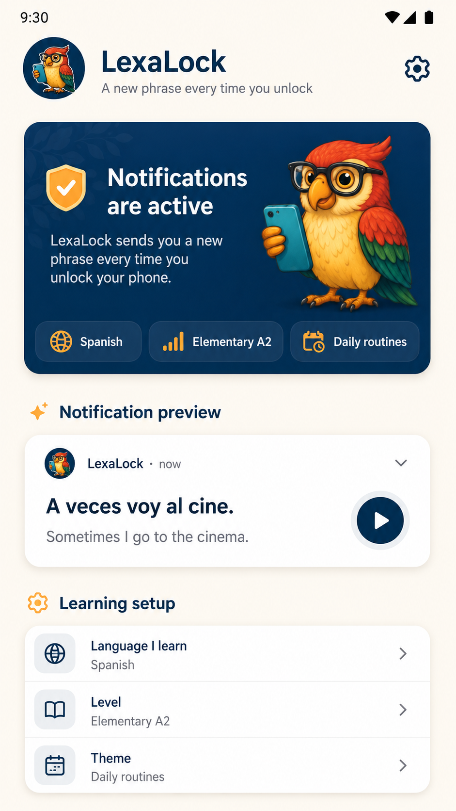 LexaLock main screen with language lesson controls