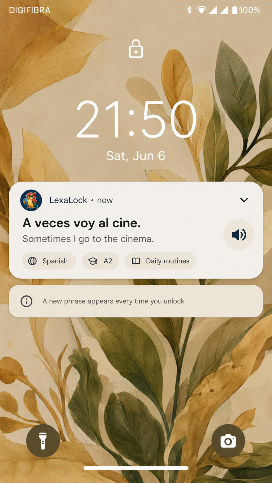 LexaLock language lesson shown in an Android notification
