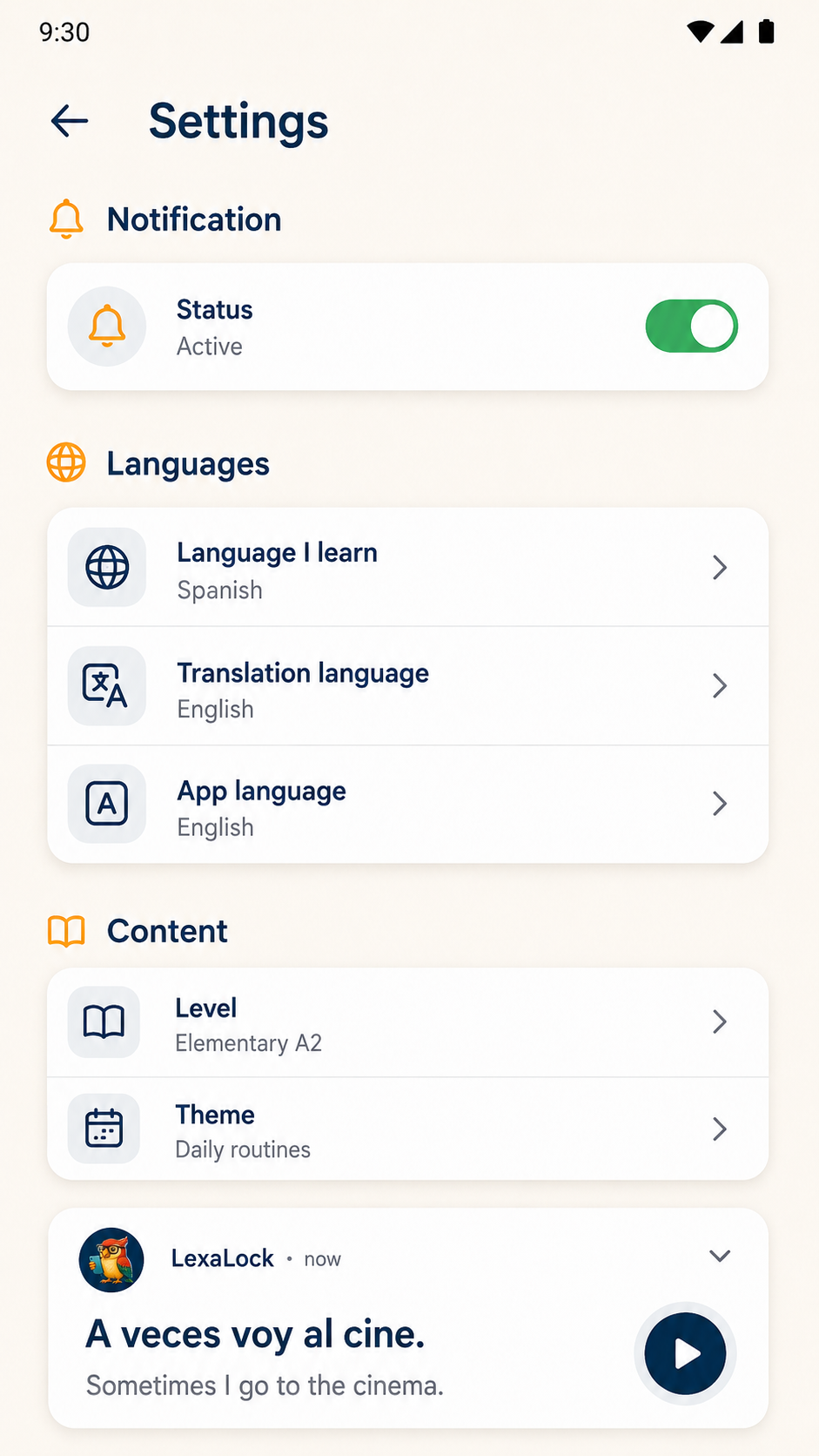 LexaLock settings screen with language and learning options